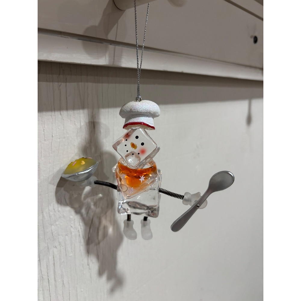 Snowman Chef Ice Cube Christmas Ornament Clear Acrylic Baker Cook Silver Spoon